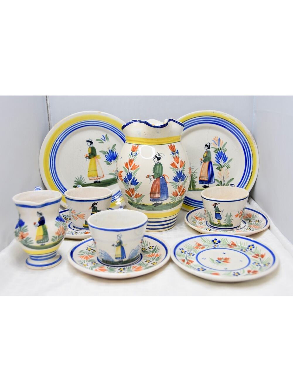 Antique 19c. Hand Painted France Henriot Quimper Faience Pottery Set- 11 Pieces